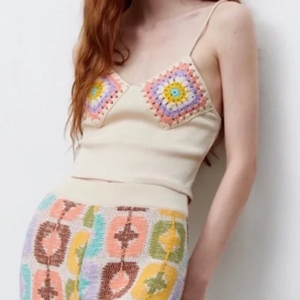 Zara Crochet Ribbed Knit Granny Square Top
